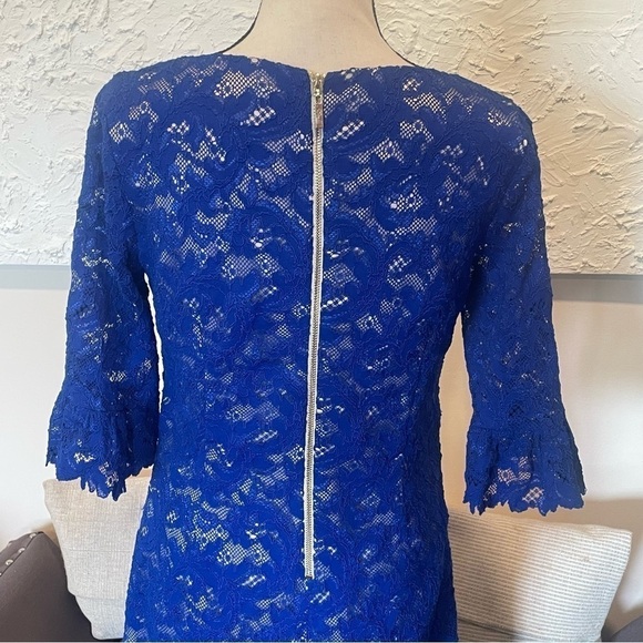 Eliza J Cobalt Blue Floral Lace Bell Sleeve Shift Dress Sz 4 - Picture 10 of 10